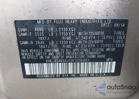 2015 Subaru Outback 2.5I Limited from USA, damaged, VIN 4S4BSAJC0F3226401